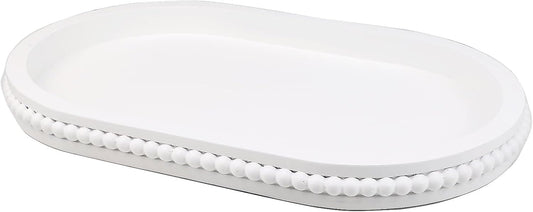 Oval Wood Serving Tray with Wooden Beads, Outdoor Farmhouse Decorative Tray for Ottoman, Coffee Table, Kitchen Counter Organizer, Home Decor(White)