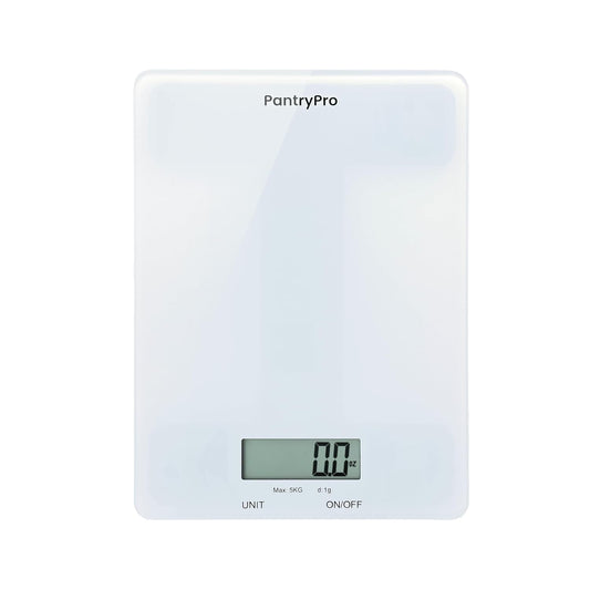 PantryPro Glass Platform Digital Kitchen Scale - 11lbs / 5kg Capacity - LCD Display g kg oz lb fl.oz ml - CR2032 Battery Included - White