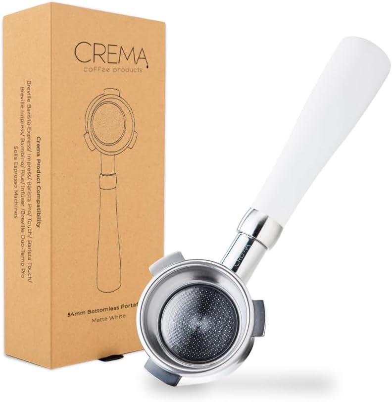 Crema Coffee Products 54mm Bottomless Naked Portafilter | Compatible with 54mm Breville Machines | Includes Double Shot Filter Basket | White