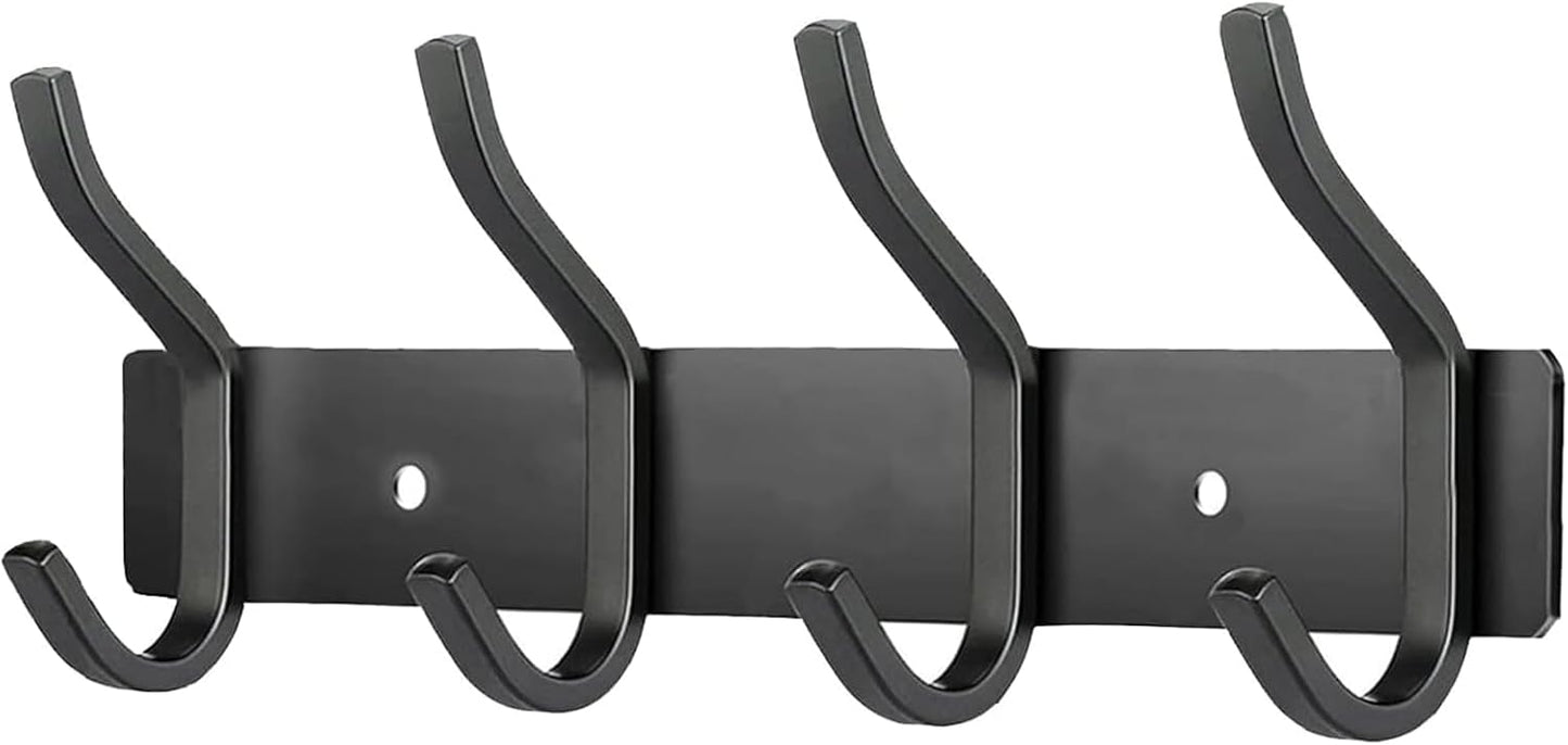 Wall Hooks Heavy Duty, 12 Inch Coat Rack Wall Mount with 4 Hooks, Black Wall Hooks for Hanging Backpack, Bag, Purse, Clothes, Hat, Coat, Towel | Entryway & Bathroom Storage Organization Hanger