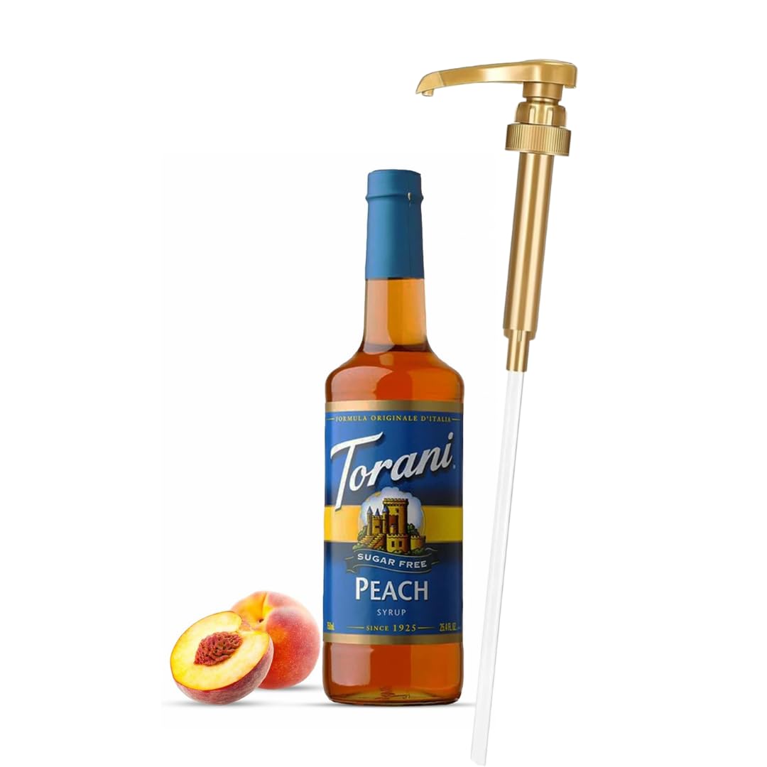 Jimoco® Syrup Pump Dispenser + Torani® Sugar Free Peach Syrup, 25.4 oz - Coffee Syrup Pump & Flavoring Bundle