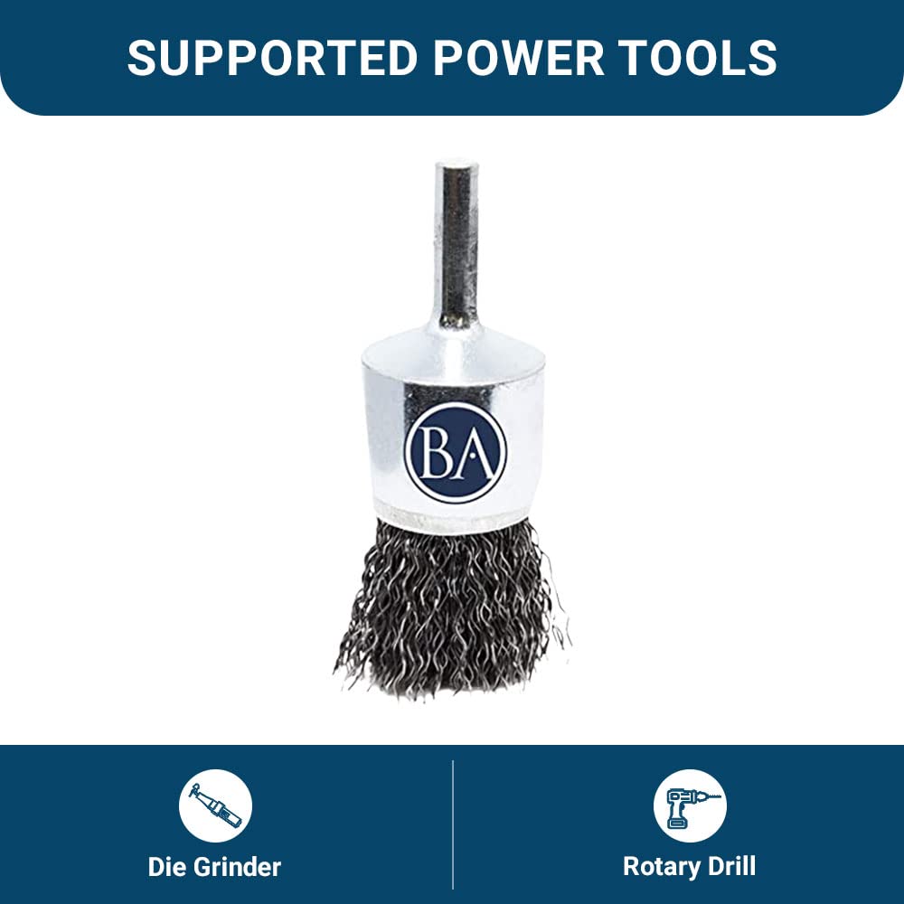 Benchmark Abrasives 1" Crimped Wire End Brush Die Grinder for Cleaning deburring on Cast Iron, Steel, Titanium, Nickel, 1/4" Shank for Rotary Tools (5 Pack) - Carbon Steel