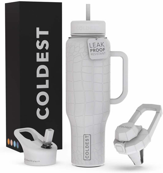 Coldest 40 oz Tumbler with Handle and Straw - 100% Leak Proof Insulated Tumbler with Lid and Straw (3 Lids) - Stainless Steel Tumblers for Women & Men - Cup Holder Friendly Base, 46 oz (White Croc)