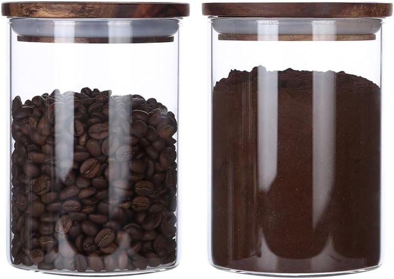 KKC HOME ACCENTS Airtight Glass Loose Tea Storage Container For Loose Leaf Tea,Ground Coffee,Glass Storage Jar with Airtight Acacia Wood Lids,Sealed Jars,25 Fl oz