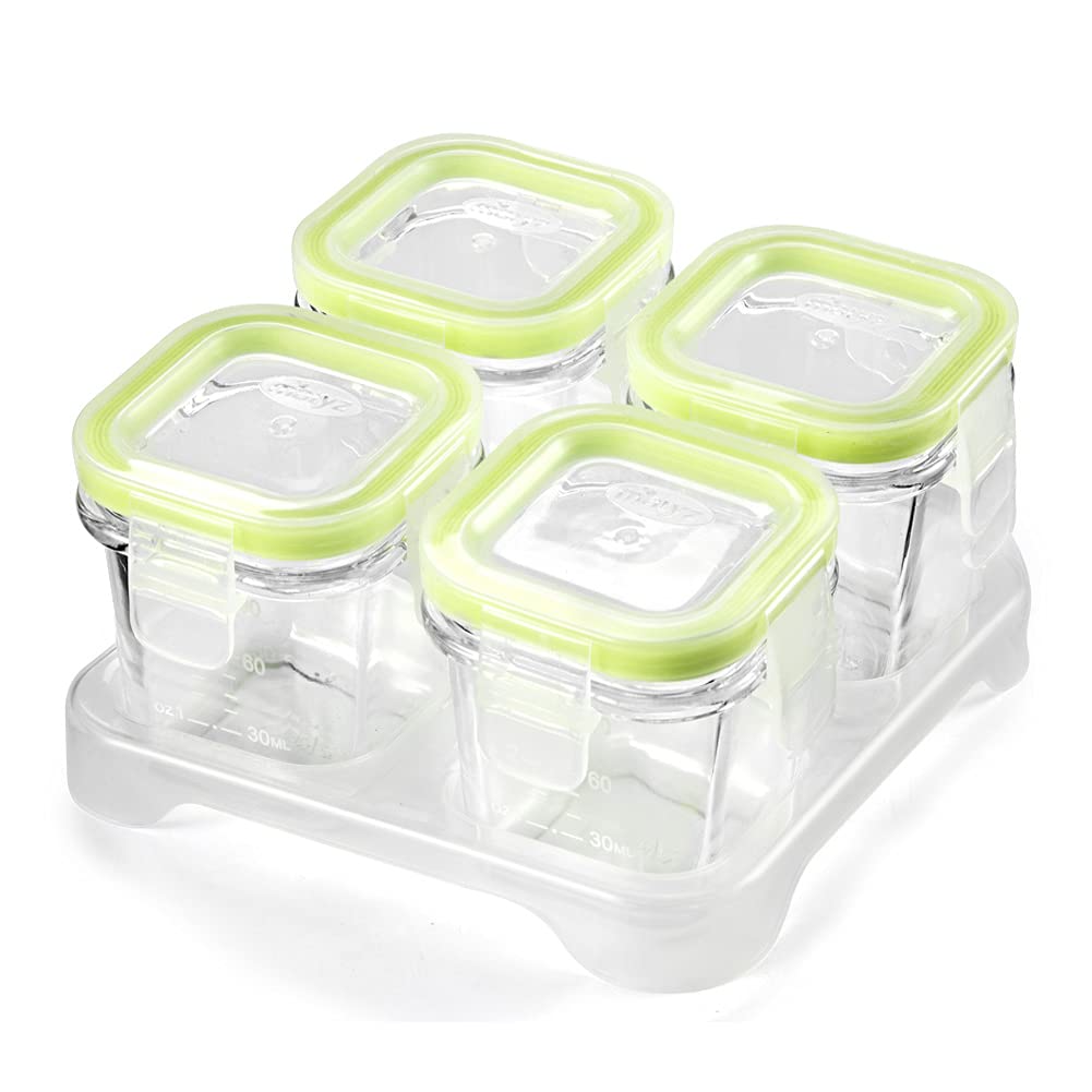 Matyz 4-Pack Glass Baby Food Jars With Lids Airtight Freezer Microwave Oven Safe (Mint Green, 4 OZ Each) - Small Solid Food Storage Containers Baby Stackable Baby Food Containers Glass
