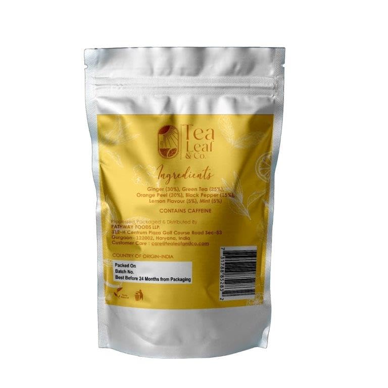 Tealeaf & Co. Lemon Ginger Green Tea with Ginger, Lemon Flavor, Orange Peel, Mint & Black Pepper - Organic Green Tea Bags with Fresh Herbs and Spices - Vegan - 100 Teabags (7.055oz/200gm)