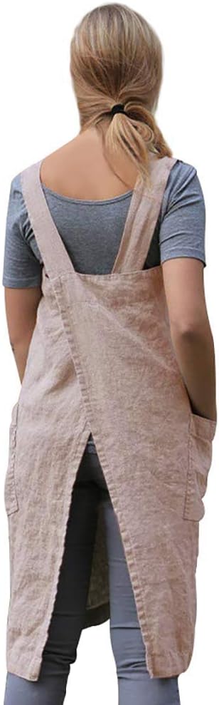 Women's Pinafore Square Apron Baking Cooking Gardening Works Cross Back Cotton/Linen Blend Dress with 2 Pockets