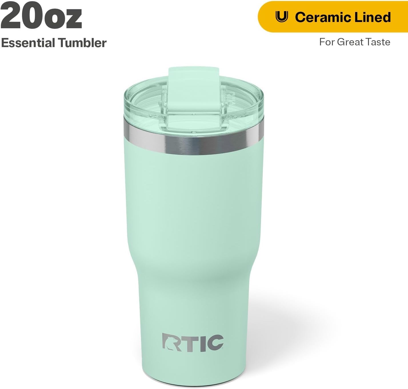 RTIC 20oz Essential Tumbler with Lid, Insulated, Stainless Steel, Metal, Double Wall Vacuum-Insulation, Ceramic Lined, Travel Cup for Iced Coffee, Tea, Hot and Cold Drink, Fresh Mint