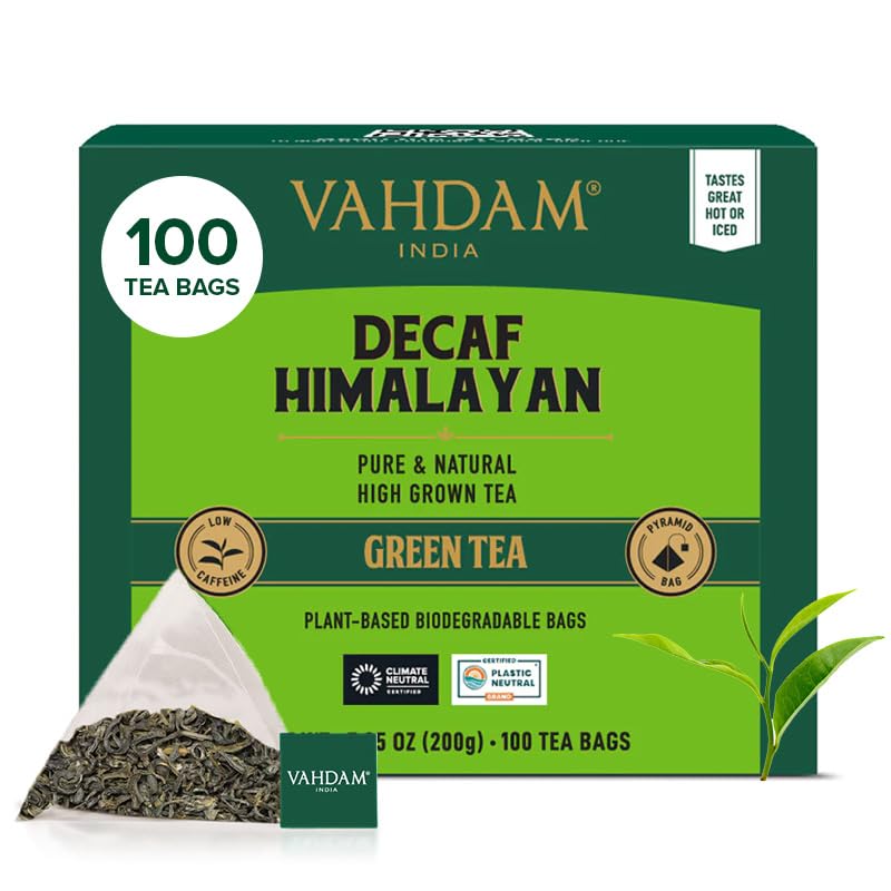 VAHDAM, Decaf Himalayan Green Tea Bags (100 Pyramid Tea Bags) Caffeine Free, Gluten Free | High Grown Decaf Green Tea | Resealable Ziplock Pouch | Pyramid Tea Bags