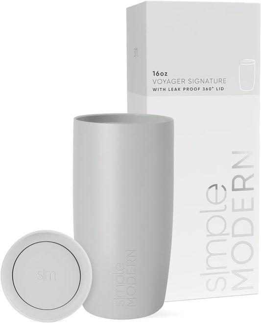 Simple Modern Travel Coffee Mug Tumbler with 360° Lid | Ceramic-Lined Insulated Stainless Steel Cold Brew Iced Coffee Cup Thermos | Gifts for Women Men Her Him | Voyager Signature | 16oz | Ice Gray