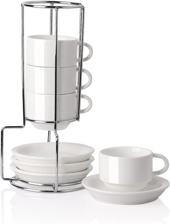 Sweejar Porcelain Espresso Cups with Saucers, 2.5 Ounce Stackable Cappuccino Cups with Metal Stand for Coffee Drinks, Latte, Tea - Set of 4 (White)
