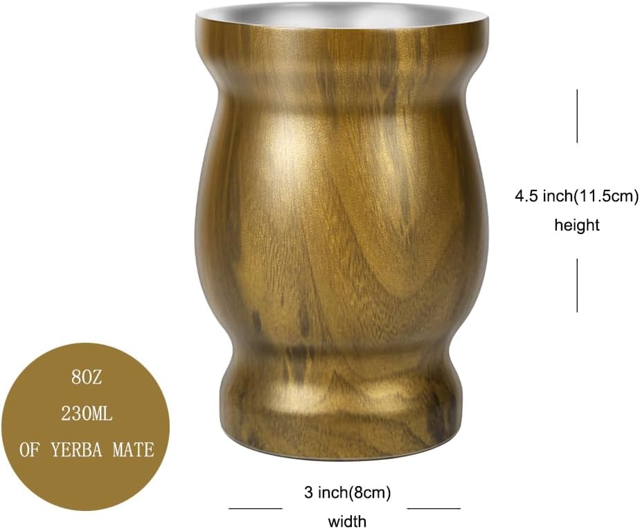 Beruth Bombilla Yerba Mate Gourd, 8oz Stainless Steel Tea Cup Set with a Multifunctional Lid, Two Straws and Cleaning Brushes, Double Walled Coffee Mug Heat Insulation Anti Scalding BR2301 (Brown)