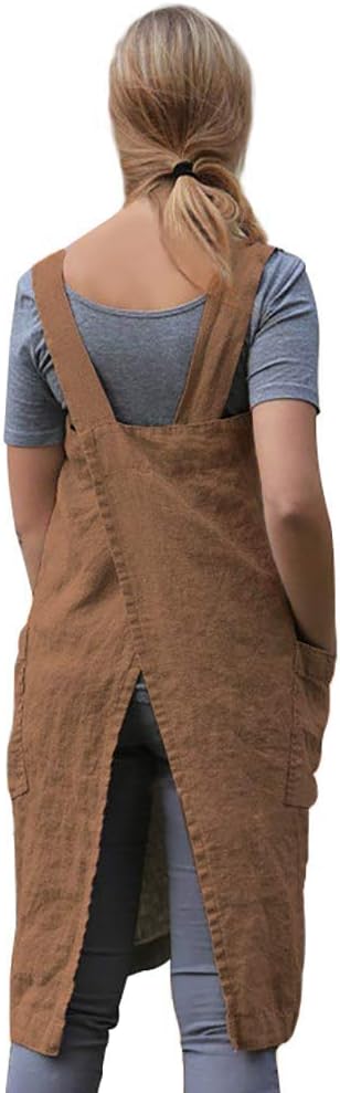 Women's Pinafore Square Apron Baking Cooking Gardening Works Cross Back Cotton/Linen Blend Dress with 2 Pockets