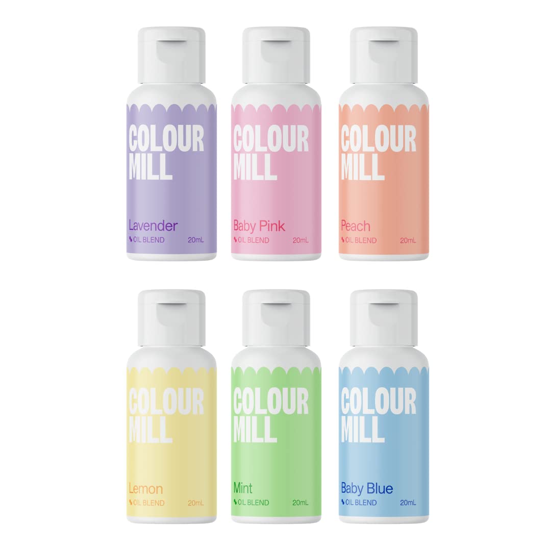 Colour Mill Pastel Pack Oil-Based Food Coloring, 20 Milliliters Each of 6 Colors: Baby Blue, Baby Pink, Lavender, Lemon, Mint and Peach