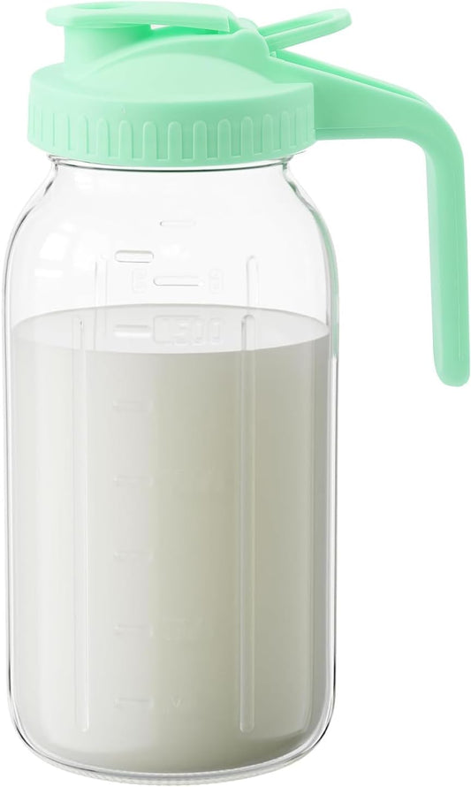32oz Glass Pitcher with Lid &Pour Spout - 1 Quart Breastmilk Pitcher Double Leak Proof, Creamer Container for Sun Tea, Juice, Cold Brew Coffee, Breastmilk Storage Container -Green Lid