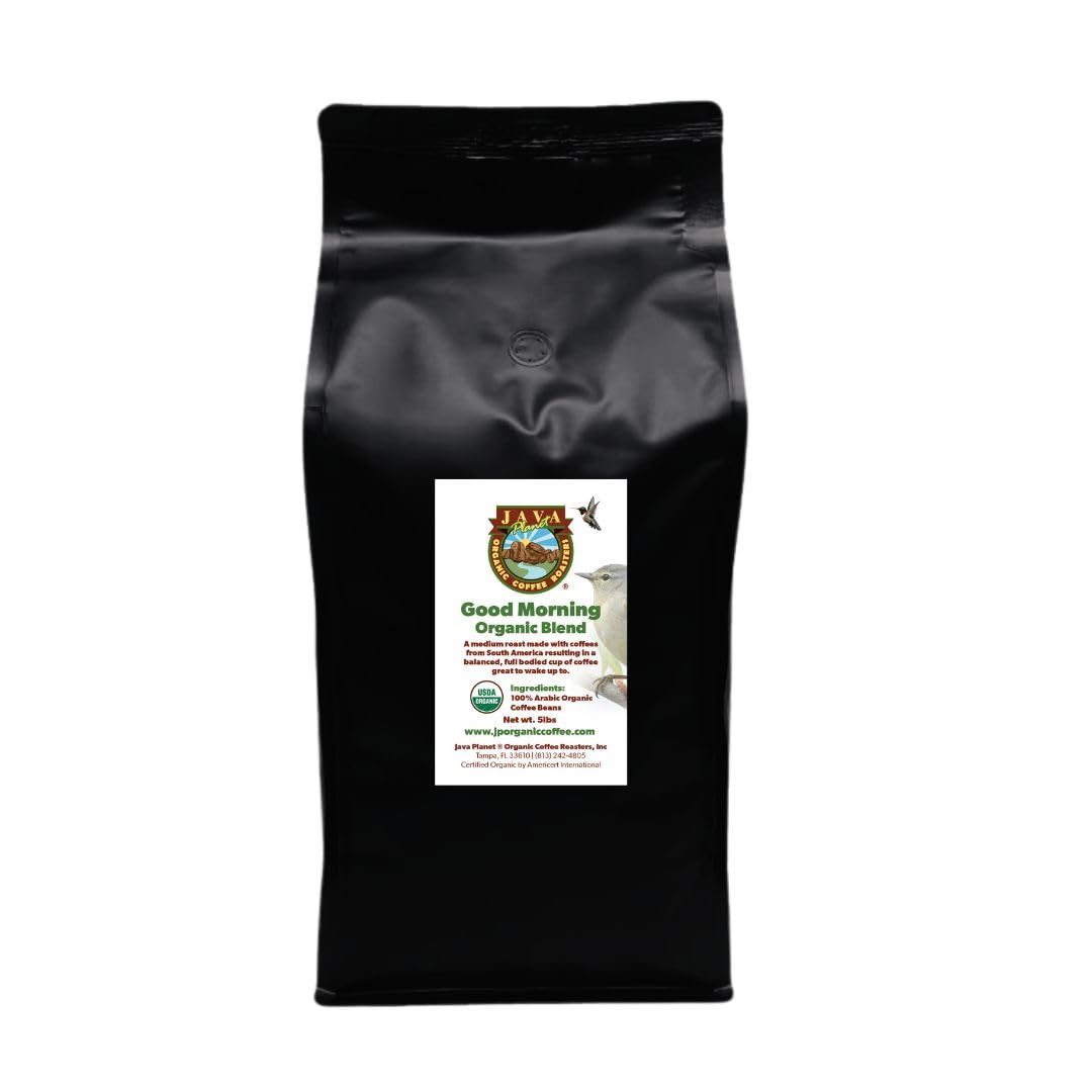 Low Acid Organic Coffee – Whole Bean, Mold-Free & Stomach Friendly by Java Planet, Good Morning Blend Coffee, Medium Roast, Smooth Full Flavored, 5LB Bag