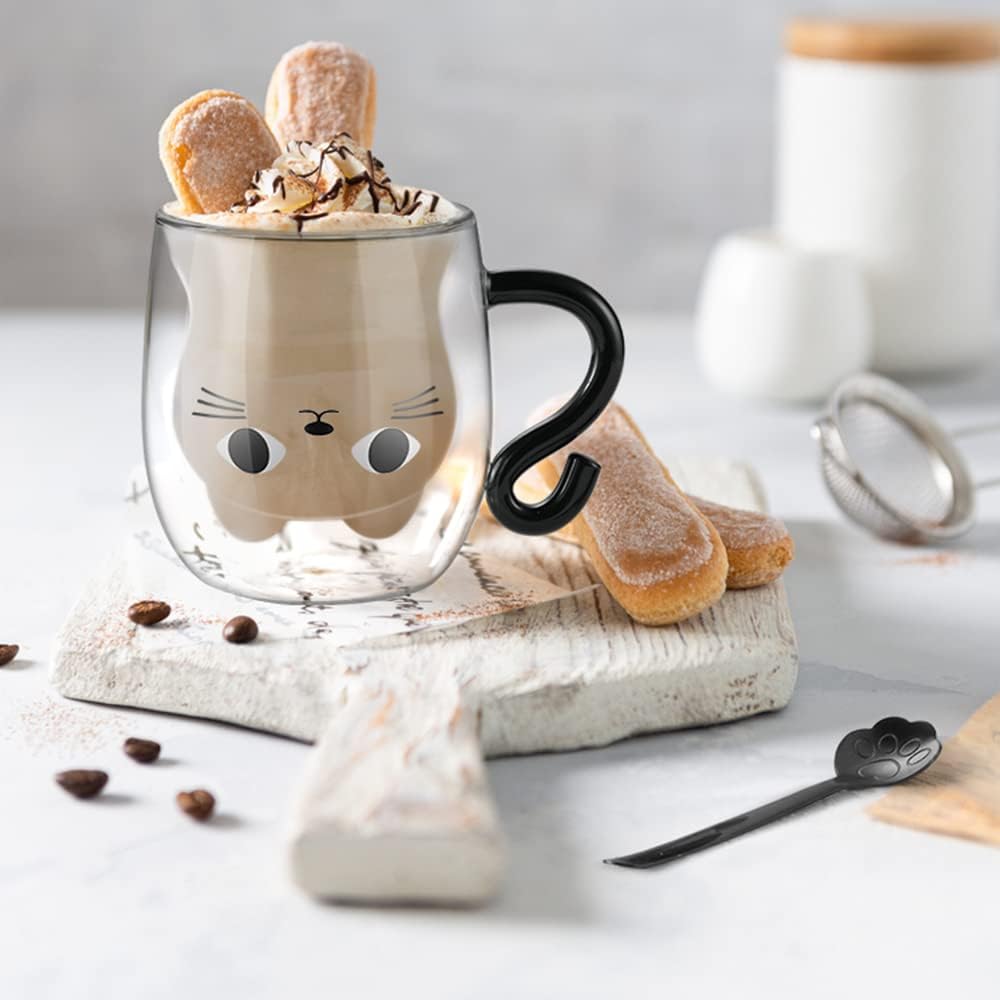 ecooe Cute Cat Mug Glass Coffee Cup 9.8oz Double Walled Glass Mug Cappuccino Latte Glass Cup with Handle Spoon, Milk Tea Cat Cup Birthday Christmas Valentine's Day Gifts for Women Girls Kids Friends