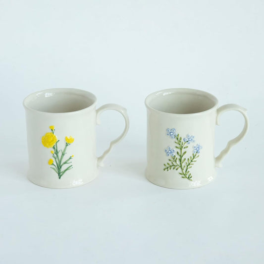 2 Pack Floral Ceramic Coffee Mugs - Yellow and Blue Flowers, Hand-Painted, Microwave & Dishwasher Safe, Ideal for Cappuccino, Tea, Hot Chocolate