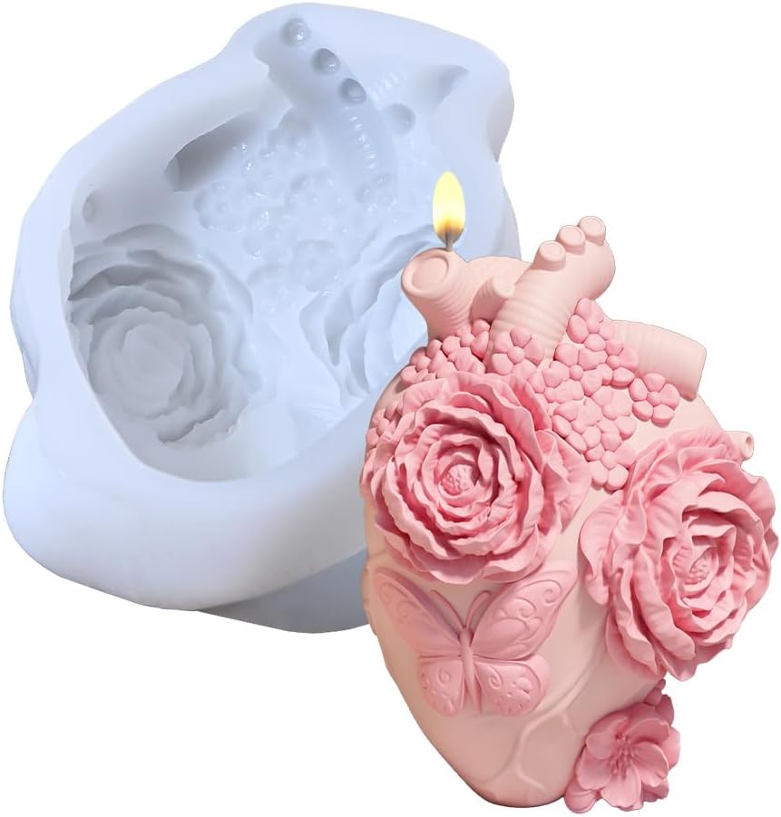 Anatomical Heart Silicone Resin Mold for Candle Soap – 3D Floral Human Organ Mold with Roses and Butterfly for Aromatherapy Wax Crafts DIY Gothic Romantic Gifts