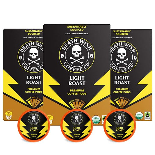 Death Wish Coffee, Organic and Fair Trade, Light Roast Coffee Pods (30 Count)