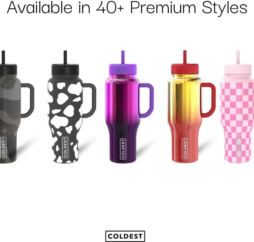 Coldest 40 oz Tumbler with Handle and Straw - 100% Leak Proof Insulated Tumbler with Lid and Straw (3 Lids) - Stainless Steel Tumblers for Women & Men - Cup Holder Friendly Base, 46 oz (Happy Camper)
