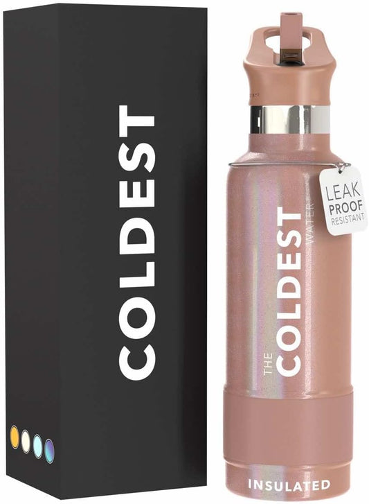 Coldest Insulated Water Bottle with Straw Lid - Stainless Steel Metal Insulated Bottle for Men & Women (Rose Gold Glitter, 21 oz)