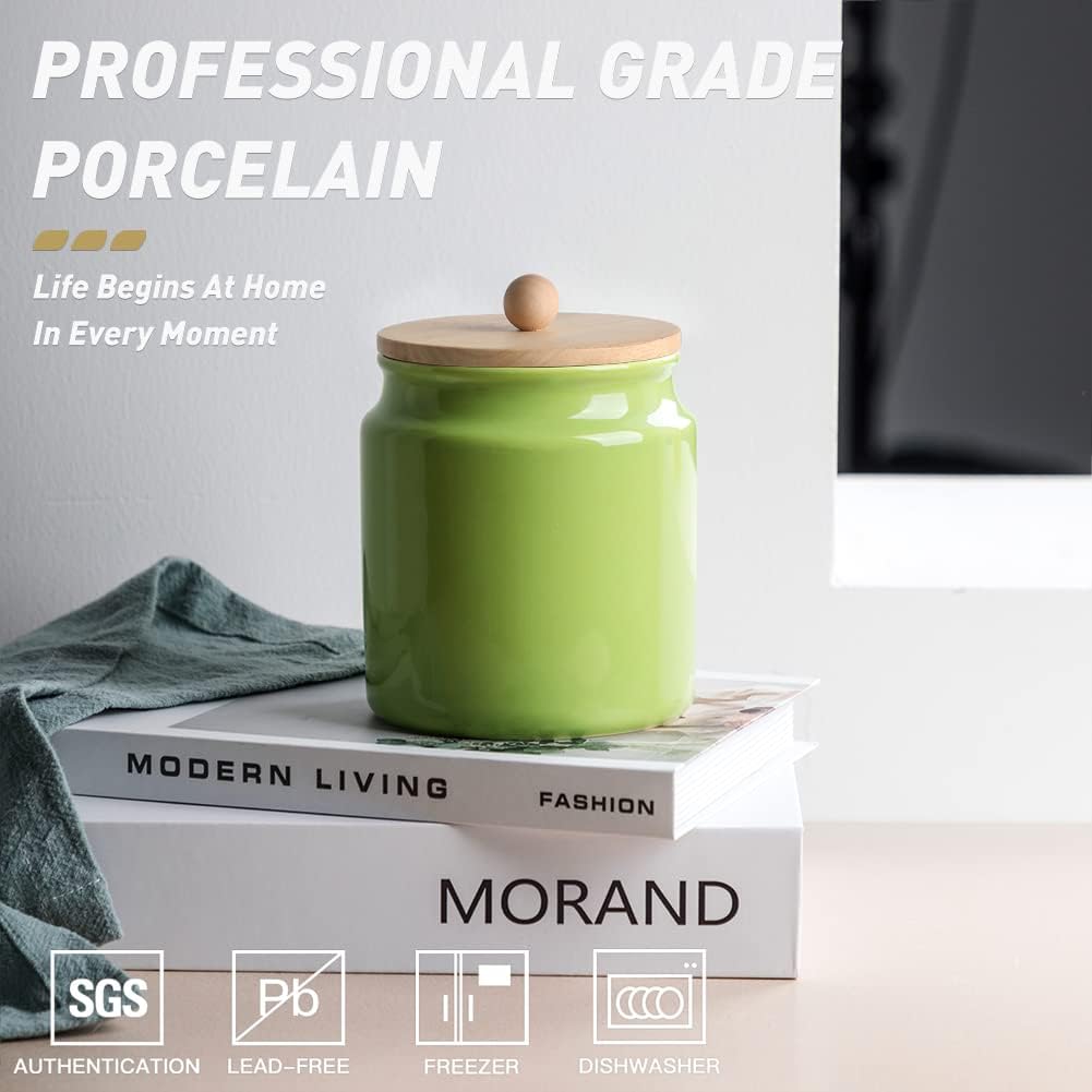 Sweejar Ceramic Kitchen Canisters, 28 FLOZ Porcelain Food Storage Jar with Airtight Seal Wooden Lid, Home Container Serving for Coffee Beans, Tea-leave, Sugar, Salt and More, Tool Bucket (Green)