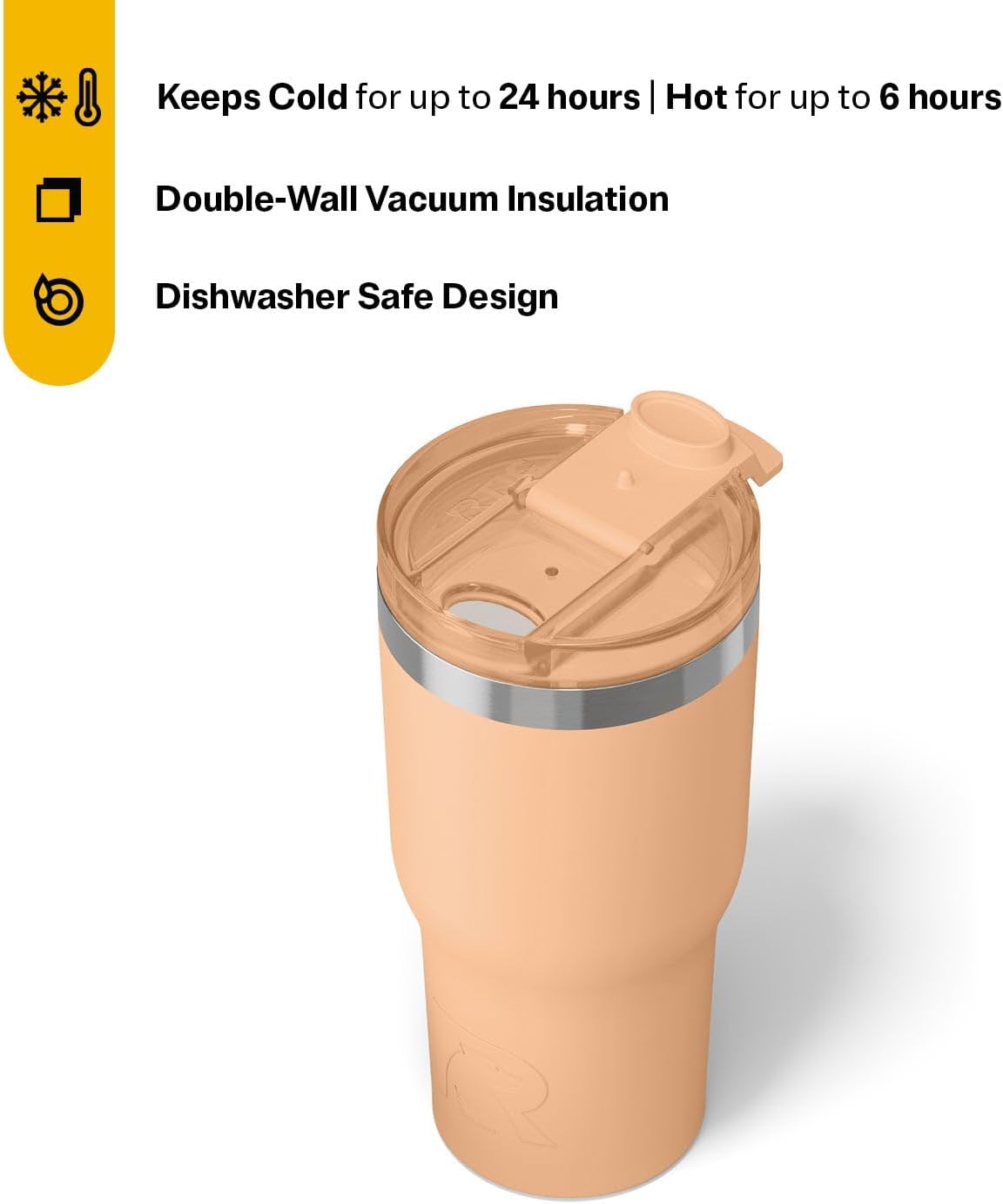 RTIC 20oz Essential Tumbler with Lid, Insulated, Stainless Steel, Metal, Double Wall Vacuum-Insulation, Ceramic Lined, Travel Cup for Iced Coffee, Tea, Hot and Cold Drink, Peach Tea