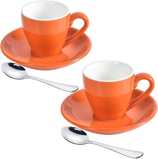Porcelain Espresso Cup with Saucer And Stainless Steel mini Spoons, Espresso shot Cup, 80ml/2.7Oz, Pack of 2, Orange