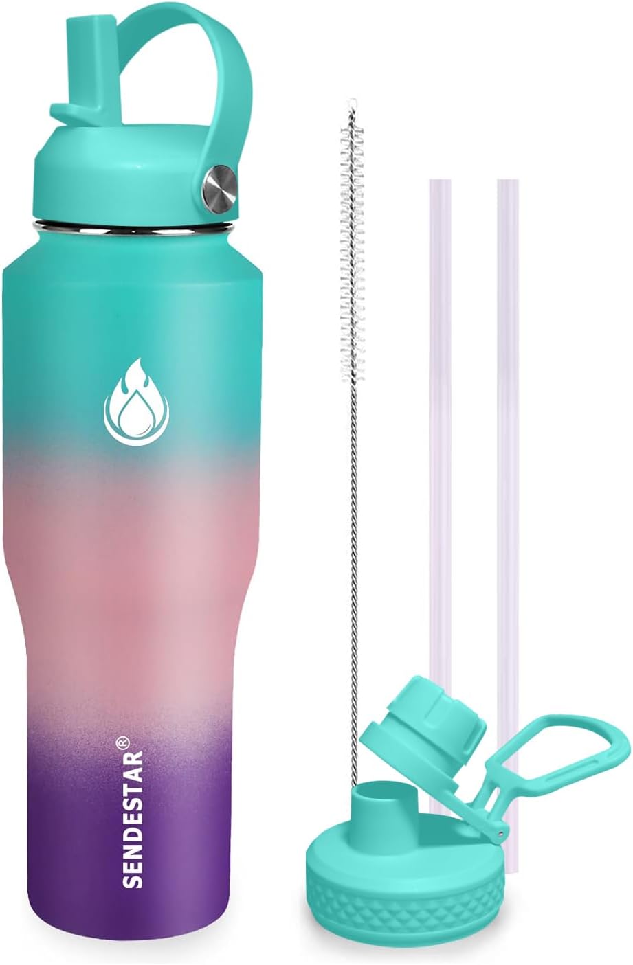 SENDESTAR 32oz Water Bottle Wide Mouth Stainless Steel Vacuum Insulated Double Wall with 2 Straw Lids Fit in Any Car Cup Holder TXIN-32-HG-1