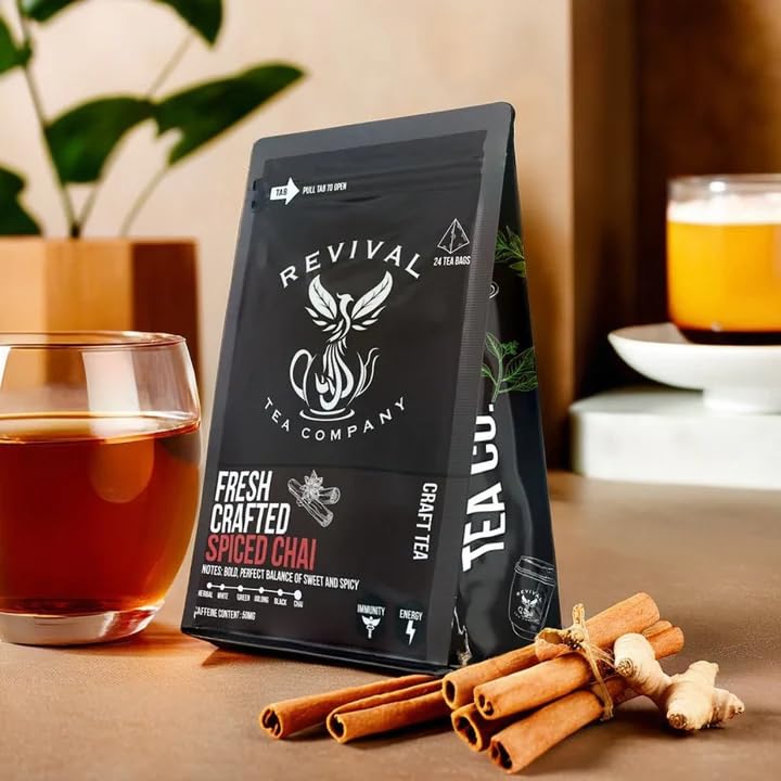 Revival Tea Company Fresh Crafted Spiced Chai Tea - Black Tea Blend with Fresh Spiced Chai Flavor - 24 Tea Bags