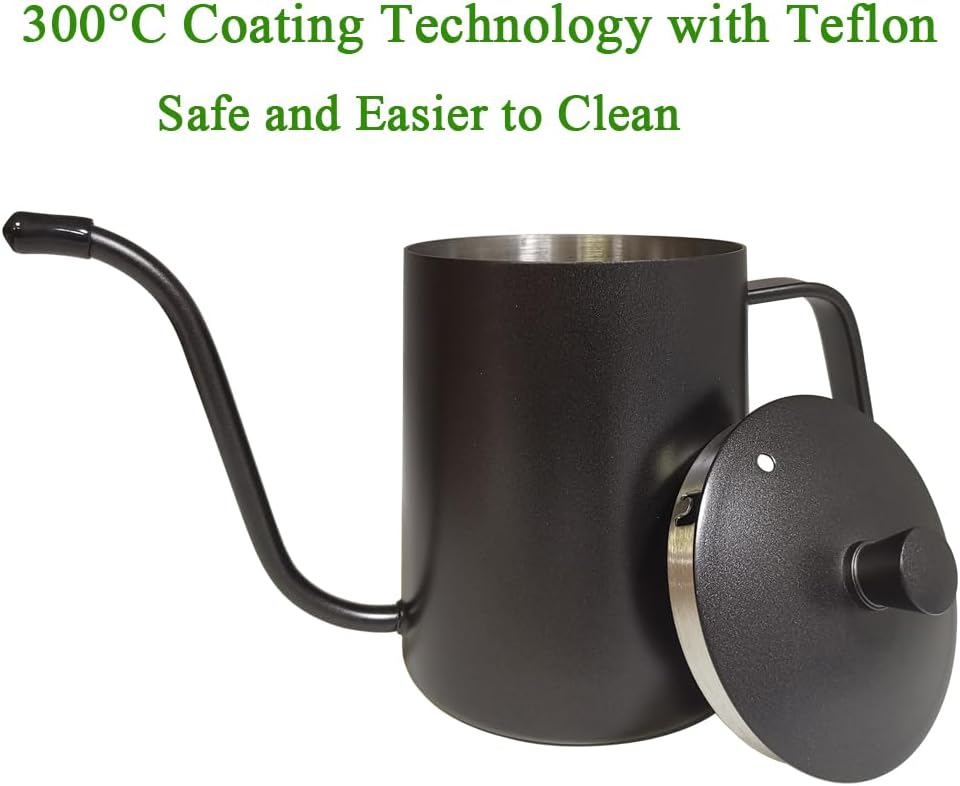 WELLLINK Pour Over Coffee Kettle 20oz 600ML, Leak Proof One-Piece 304 Stainless Steel Gooseneck Kettle with Lid, Food Grade Easy-Clean Narrow Spout & 40 Filters for Home Brewing