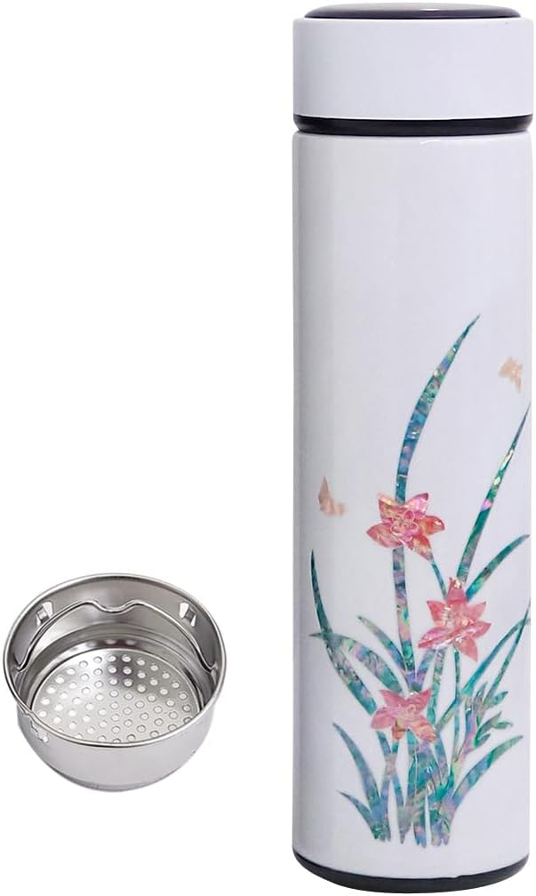 Mother of Pearl Design Stainless Steel Water Bottle with Tea Infuser Strainer 17 oz Leakproof Screw Cap Wide Mouth Double Wall Vacuum Insulated Travel Sport Water Flask Thermo Mug (Orchid White)