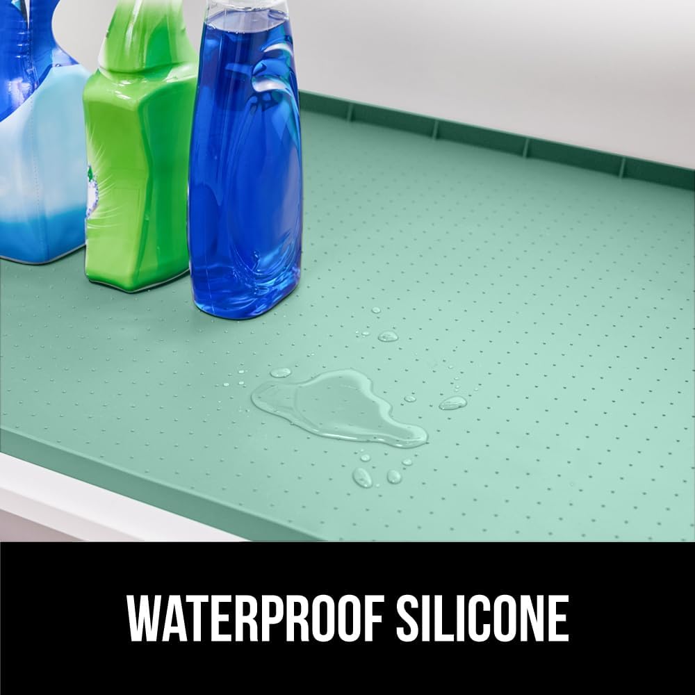 GORILLA GRIP Waterproof Silicone Under Sink Mat with Raised Lip for Kitchen and Bathroom, Cabinet Shelf Liner Stay in Place Mats Dishwasher Safe Drawer Liner, Organizer Tray, 19 x 34 in, Mint