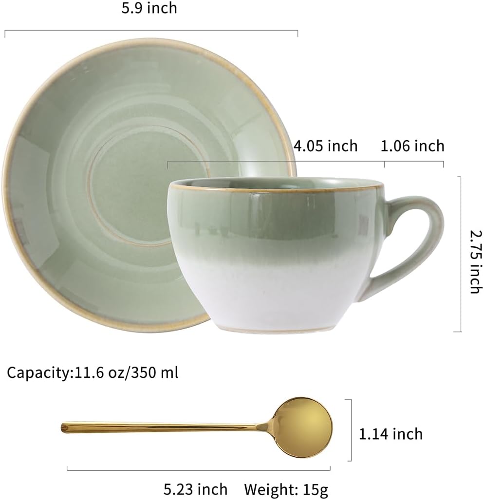 Porcelain Coffee Cup with Saucer Spoon, Vintage Design Ceramic Latte Art Cappuccino Barista Espresso Tea Cup with Saucer (11.6 oz, 350ml, White Both Green)
