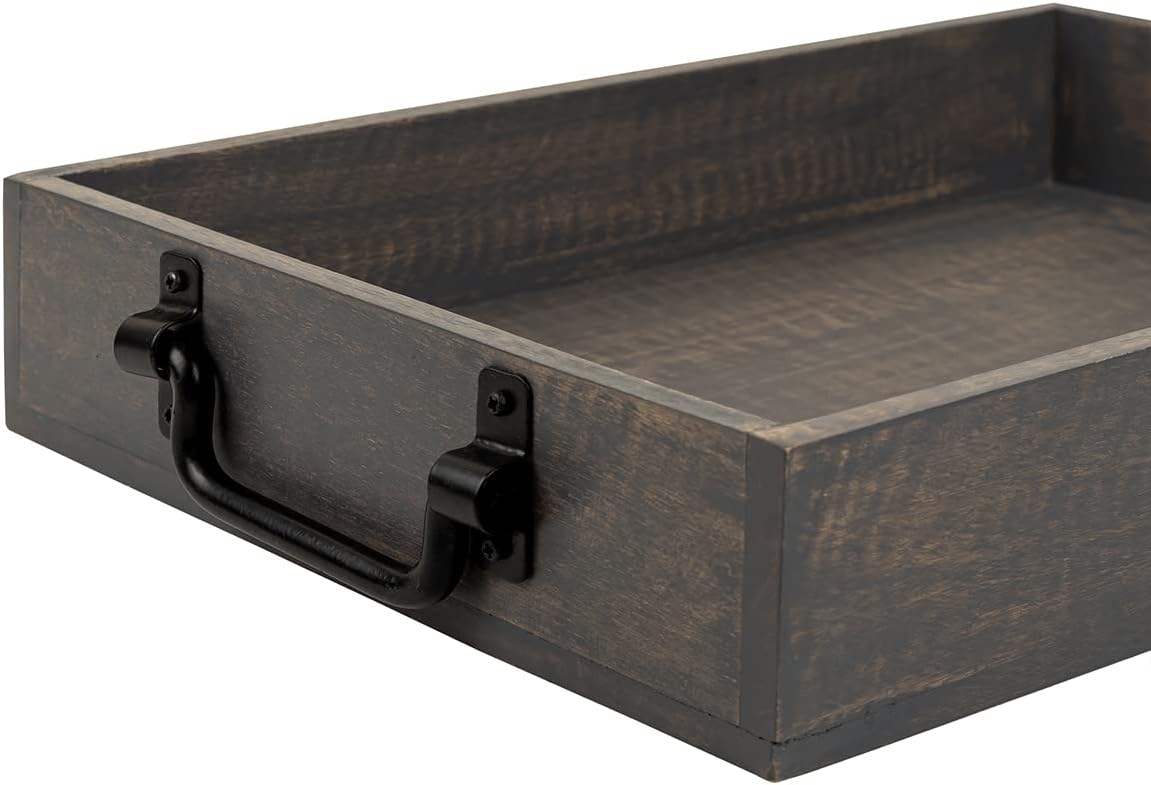 GoCraft Handmade Wooden Tray with Metal Handles – 15" x 11" x 2.5" Decorative Serving Tray in Grey Washed Finish – Versatile Tray for Breakfast in Bed, Lunch, Dinner, Appetizers, Coffee Table
