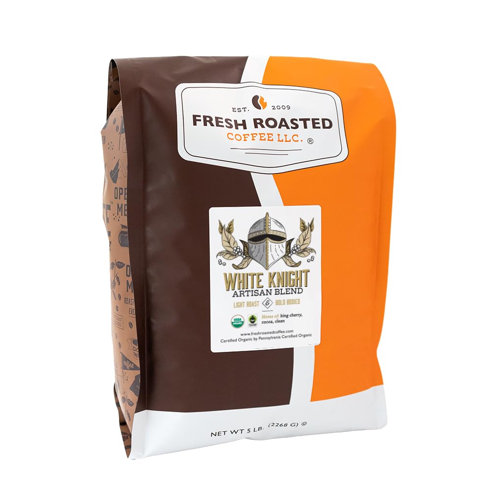 Fresh Roasted Coffee, Organic White Knight | USDA Organic, Kosher | Light Roast 5 lb (80 oz), Ground