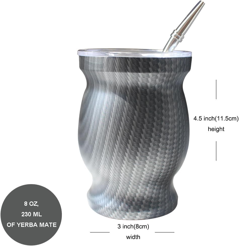 Beruth Bombilla Yerba Mate Gourd, 8oz Stainless Steel Tea Cup Set with a Multifunctional Lid, Two Straws and Cleaning Brushes, Double Walled Coffee Mug Heat Insulation Anti Scalding (Water Ripples)