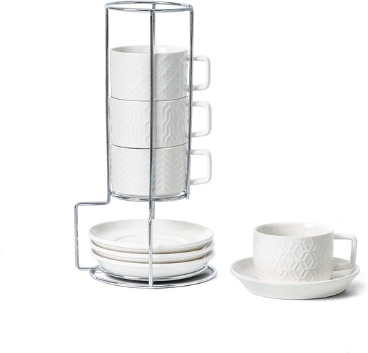 Sureasy Ceramic Espresso Cups Set of 4 – 4 oz White Embossed Cappuccino Cups with Saucers and Metal Stand, Stackable Mugs for Latte, Mocha, Tea, and Specialty Coffee