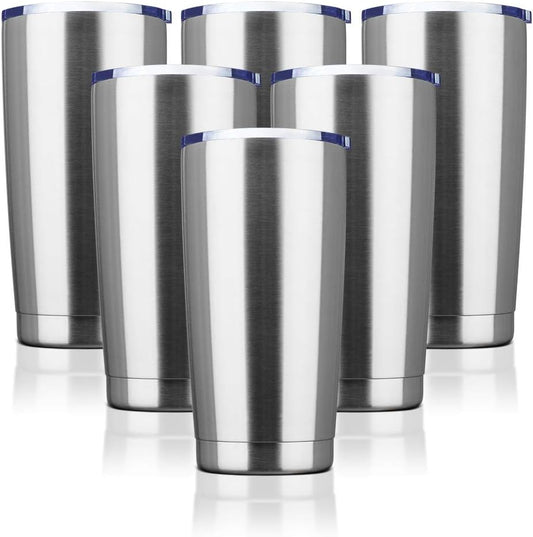 20oz Tumbler Bulk Stainless Steel Vacuum Insulated Tumblers with Lid Double Wall Travel Mug, Powder Coated Coffee Cup, Suitable for Ice Drinks and Hot Beverage(Stainless steel 6pack)