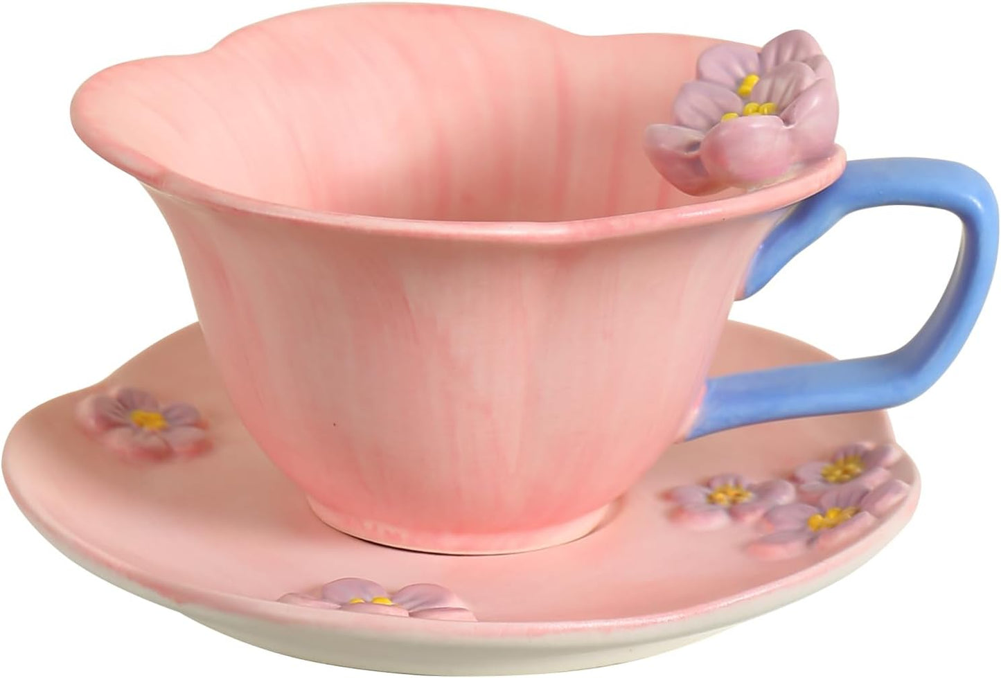 Floral Tea Cups and Saucers, Ceramic Cute Coffee Mug for Women Tea Party, Cappuccino Latte Milk (Pink)
