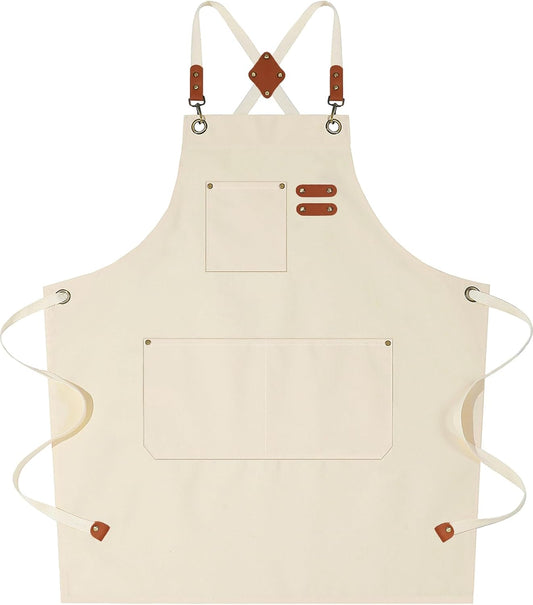 AFUN Chef Aprons for Women Men with Large Pockets, Cotton Canvas Cross Back Water Repellent Work Apron, Size M to XXL (Cream)