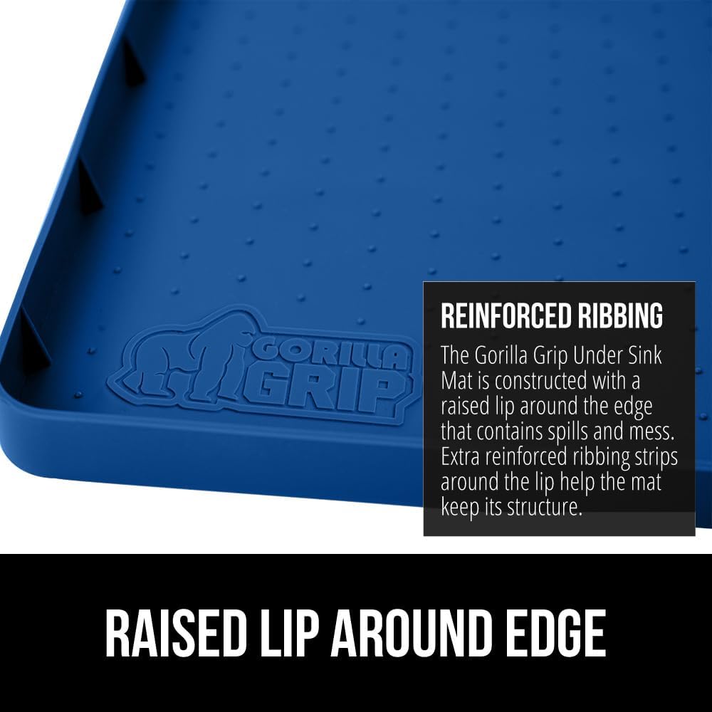 GORILLA GRIP Waterproof Silicone Under Sink Mat with Raised Lip for Kitchen and Bathroom, Cabinet Shelf Liner Stay in Place Mats Dishwasher Safe Drawer Liner, Organizer Tray, 15 x 22 in, Blue