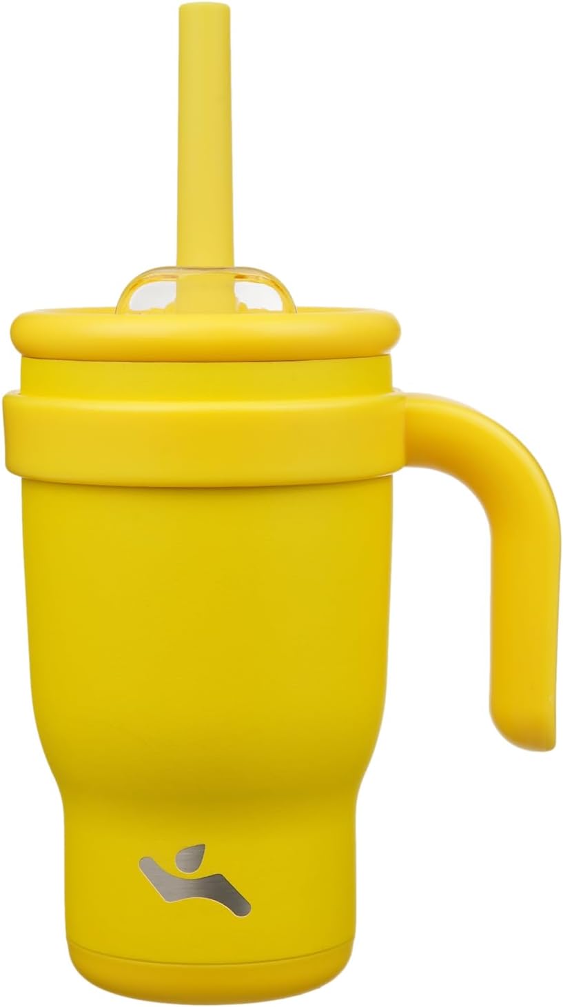 14 oz Tumbler with Side Handle, Insulated Water Bottle with Straw and 2 in 1 Lid, Stainless Steel Cup Travel Coffee Mug for Sports Office Gym,Yellow