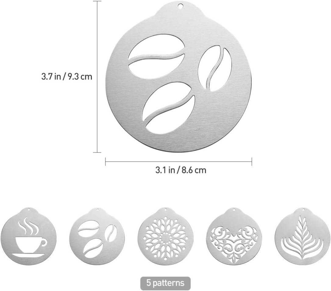 Coffee Decorating Stencils, 5Pcs Stainless Art Stencils Garland Mould Cappuccino Art Templates for Mousse, Cup Cake, Birthday Cake, Coffee, Hot Chocolate