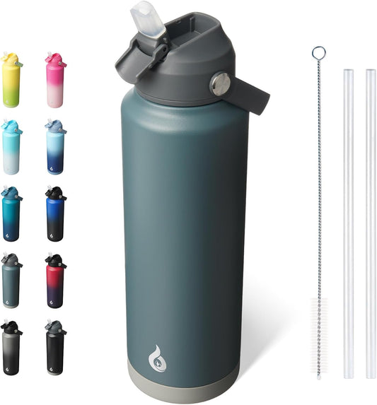BJPKPK Insulated Water Bottle with Straw Lid, 40oz Large Thermos, BPA Free Leak Proof Stainless Steel Metal Water Bottles, Tumblers, Cups, Flasks for Travel, Sports, Grey