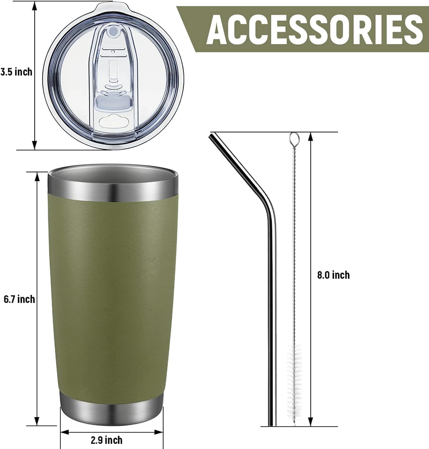 COMOOO 20oz Double Wall Vacuum Insulated Travel Mug, Stainless Steel Tumbler with Lid and Straw Durable Powder Coated Insulated Coffee Cup for Cold & Hot Drinks (Army Green, 2 Pack