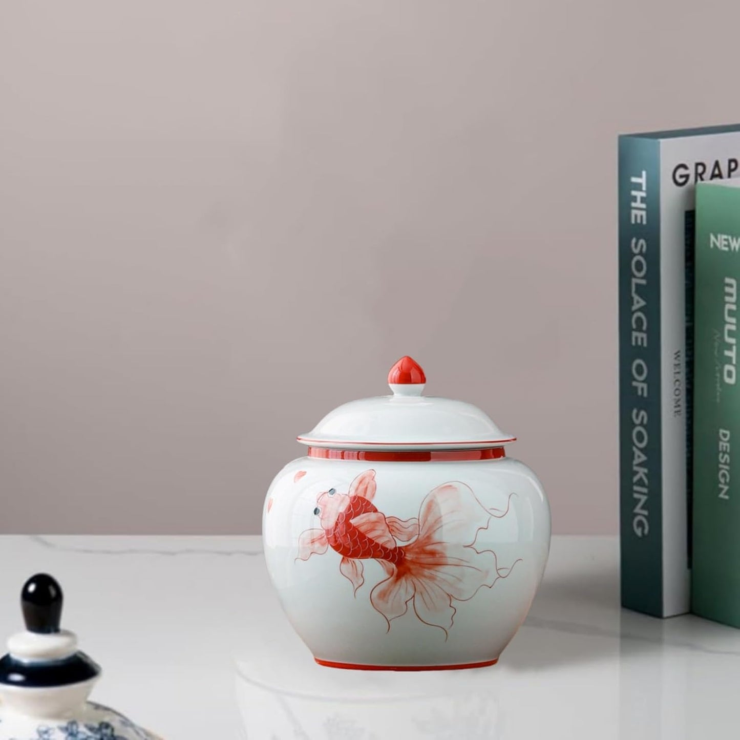 5 inches Ginger jar Lid - red fish decorative Ceramic Ginger jar vase with Lid， chinoiserie gift koi decor small jars for Home decor/jewelry/Tea/coffee beans/Storage