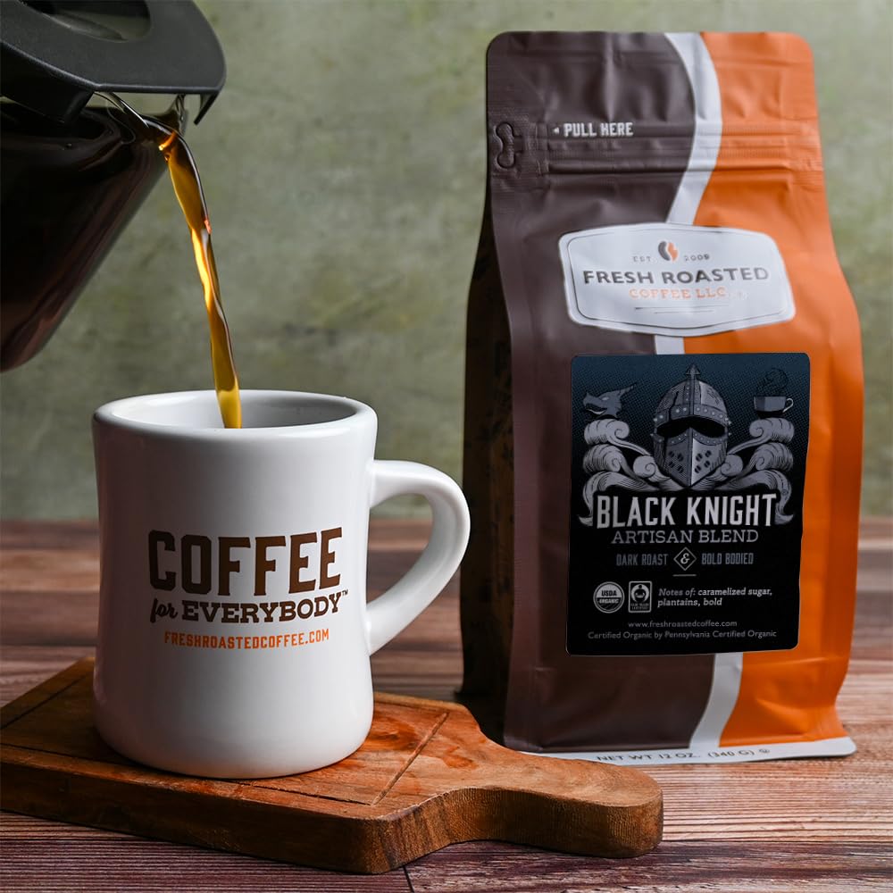Fresh Roasted Coffee, Organic Black Knight | USDA Organic, Kosher | Dark Roast 12 oz Whole Bean