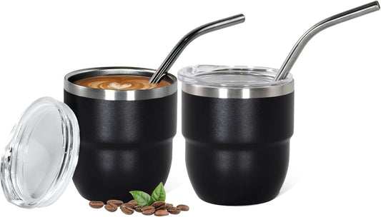 4oz Stackable Cup, Vacuum Insulated Espresso Cup Set of 2, Espresso Shot Glass for Coffee, Double Wall Stainless Steel Mini Tumbler Shot Glasses with Straw and Lid (A-black2P, 4oz)